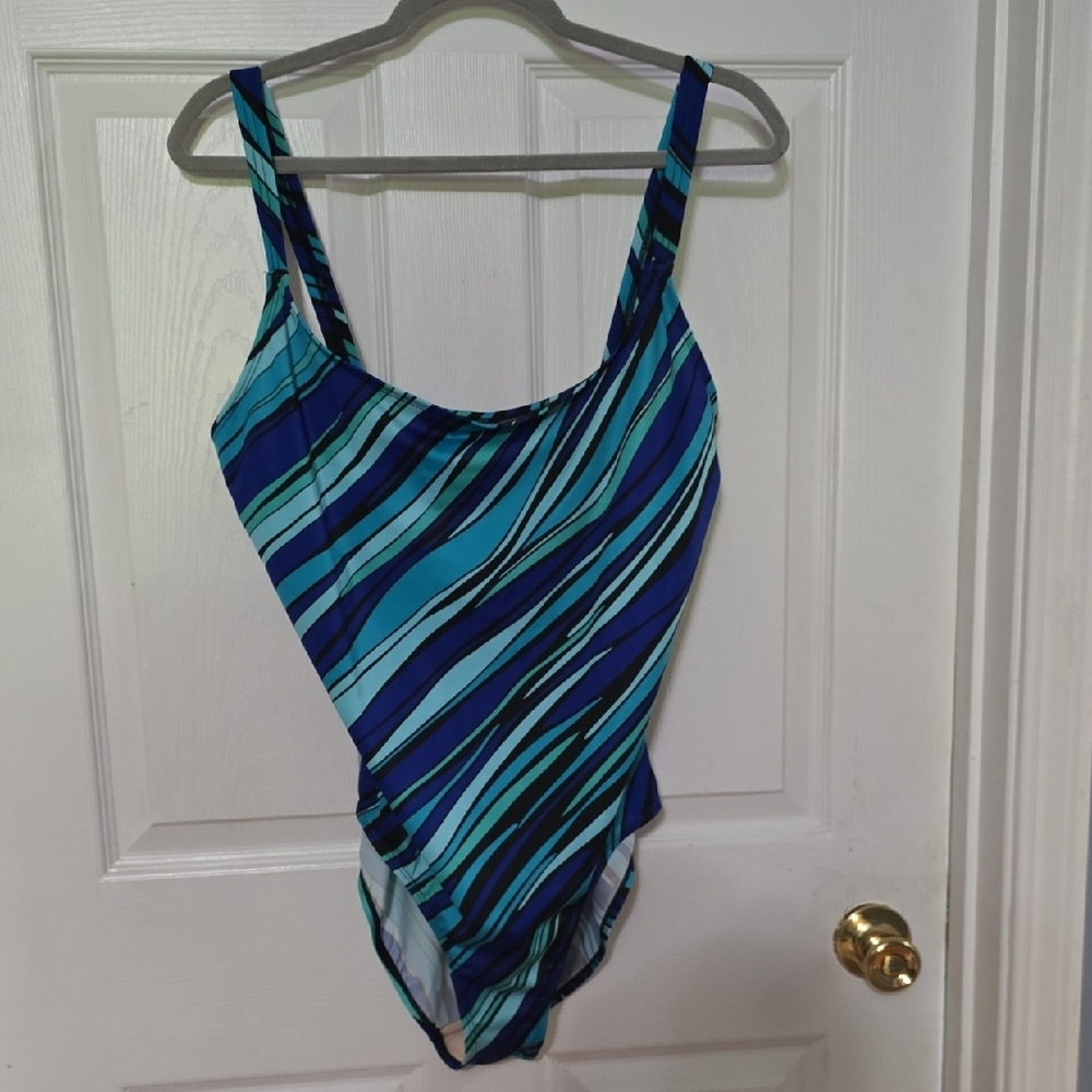 Blue and Green Striped One Piece Swimsuit with Diagonal Pattern